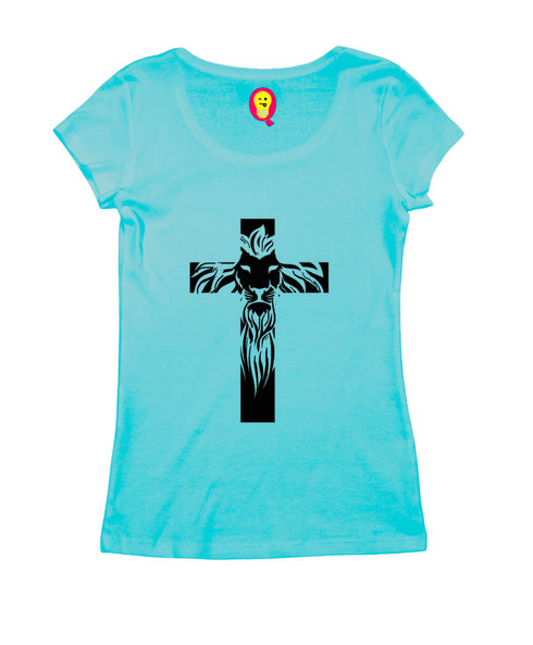 Cross with lion silhoutte Christianity Womens Tshirts